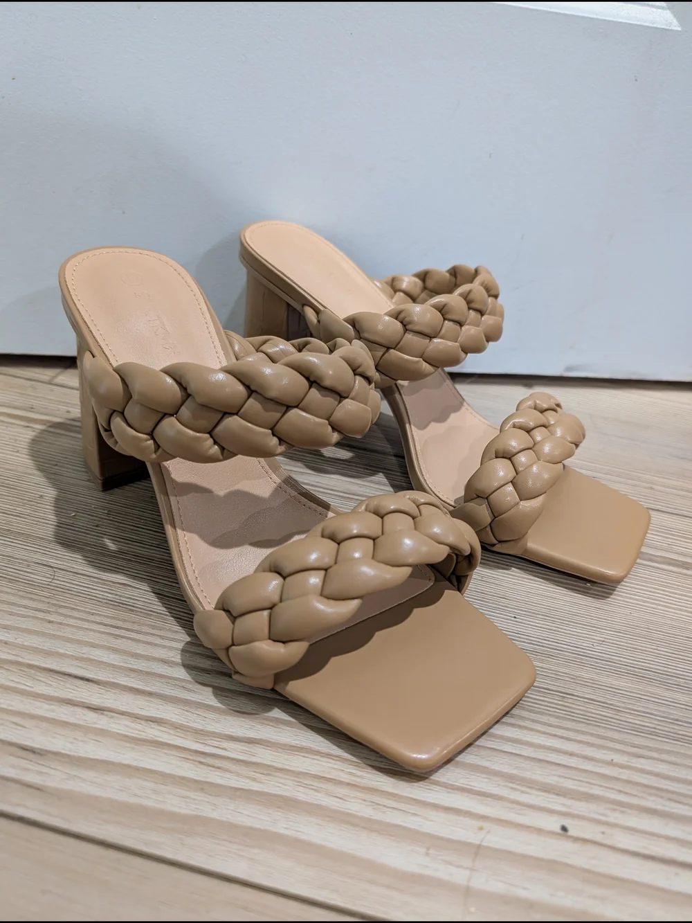 Braided Double-Strap Block Heel Mules in Tan